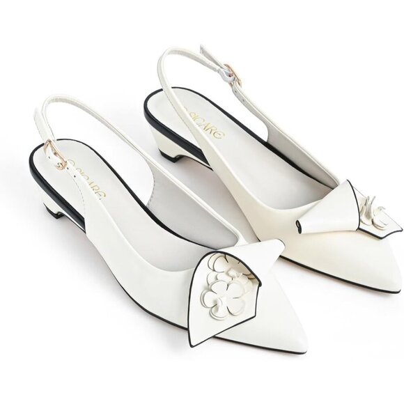 Sicare Slingback Heels Pumps Synthetic White Women Flower Block Heel Dress Shoes - Picture 3 of 13
